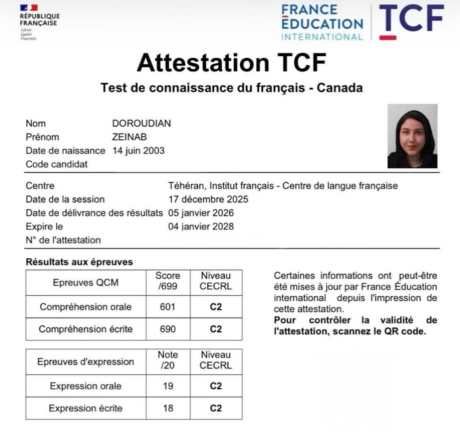 Zeinab Doroudian — attestation TCF Canada C2